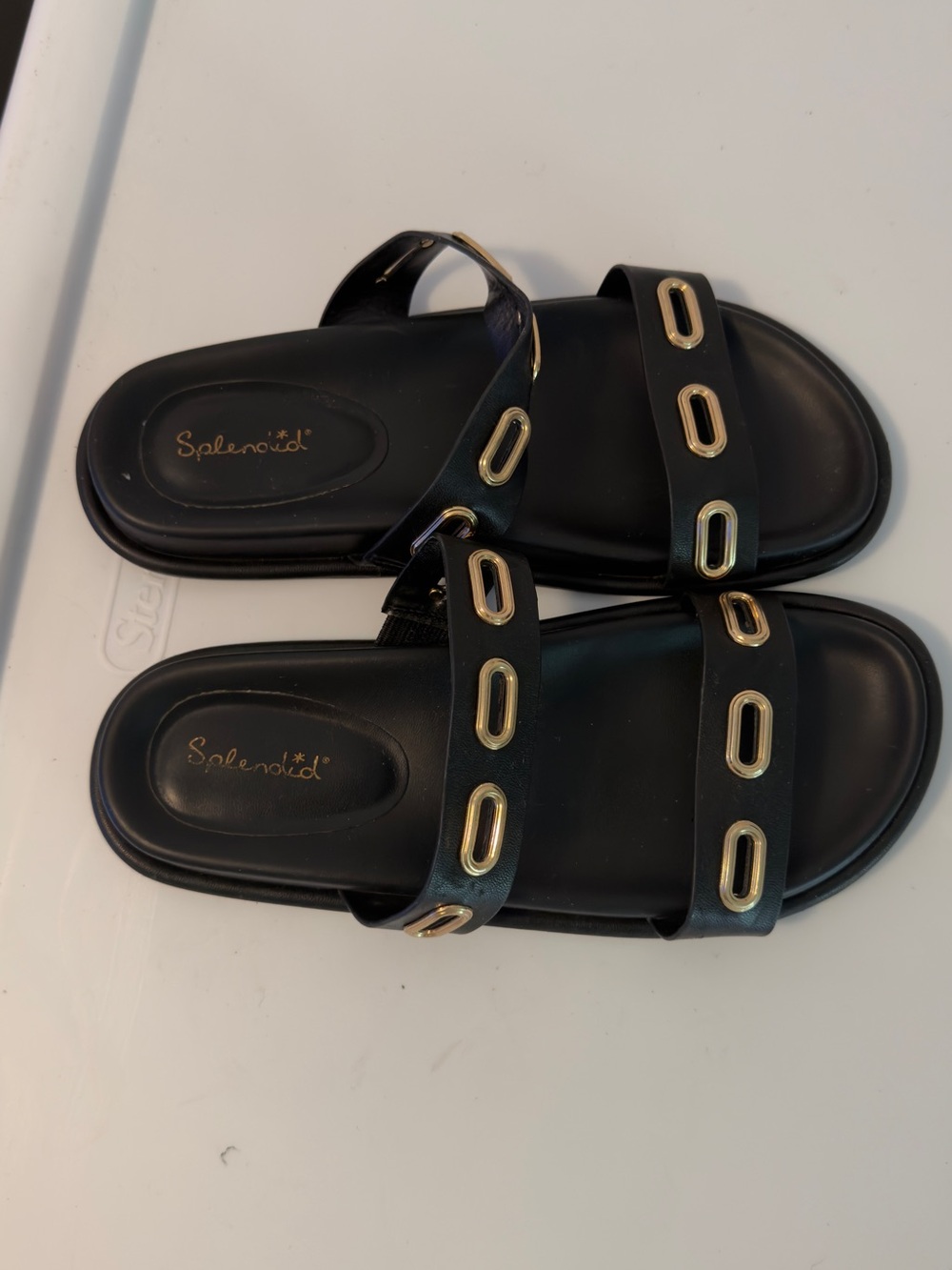 Splendid Black Slide Sandals with Gold Oval Hardware